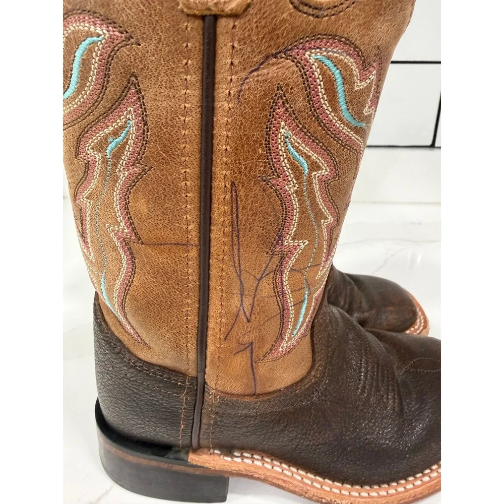 Old West Kids Brown Leather Square Toe Western Cowboy Boots BSC1819 Size 10.5 D